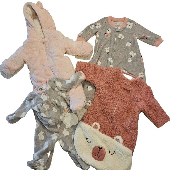 Baby Girl Bunting Sleeper Lot 0-3 Mos Layette Sherpa Fleece Snow Suit Pink Bunny - Picture 1 of 9